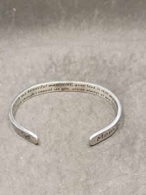 Engraved 'Mom' Memorial Silver Cuff Bracelet with Sentimental Message